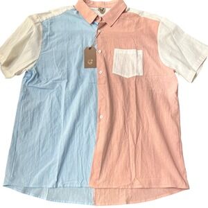 HARDADDY Color Block Short Sleeve Button Up Shirt Men's Size L Pastel